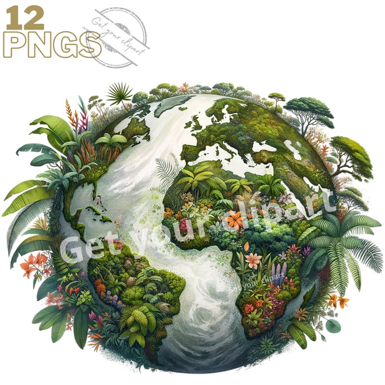 Peut inclure: Une illustration de la Terre, repr&eacute;sent&eacute;e dans des tons de vert et de bleu, avec une v&eacute;g&eacute;tation luxuriante et des fleurs recouvrant les continents. Le texte "Get your clipart" est visible dans un tampon circulaire.