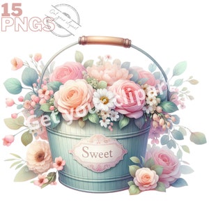 Illustrationsset aus Garteneimern mit Blumen, Sommer-Clipart für alle Ihre kreativen Projekte, kommerzielle Nutzung inklusive