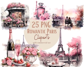May include: A set of 25 watercolor illustrations of romantic Paris scenes. The illustrations include the Eiffel Tower, a Parisian cafe, a couple on a bridge, and a flower shop. The illustrations are perfect for creating romantic cards, invitations, and scrapbook pages.