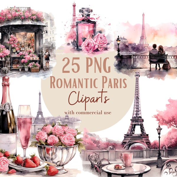 Romantic Paris Clipart bundle, Paris cafe cliparts, Transparent Background, Commercial Use, Set of 25