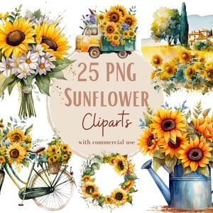 Ensemble d'illustrations de Tournesol, Cliparts de tournesols façon aquarelle pour tous vos projets créatifs et professionnels