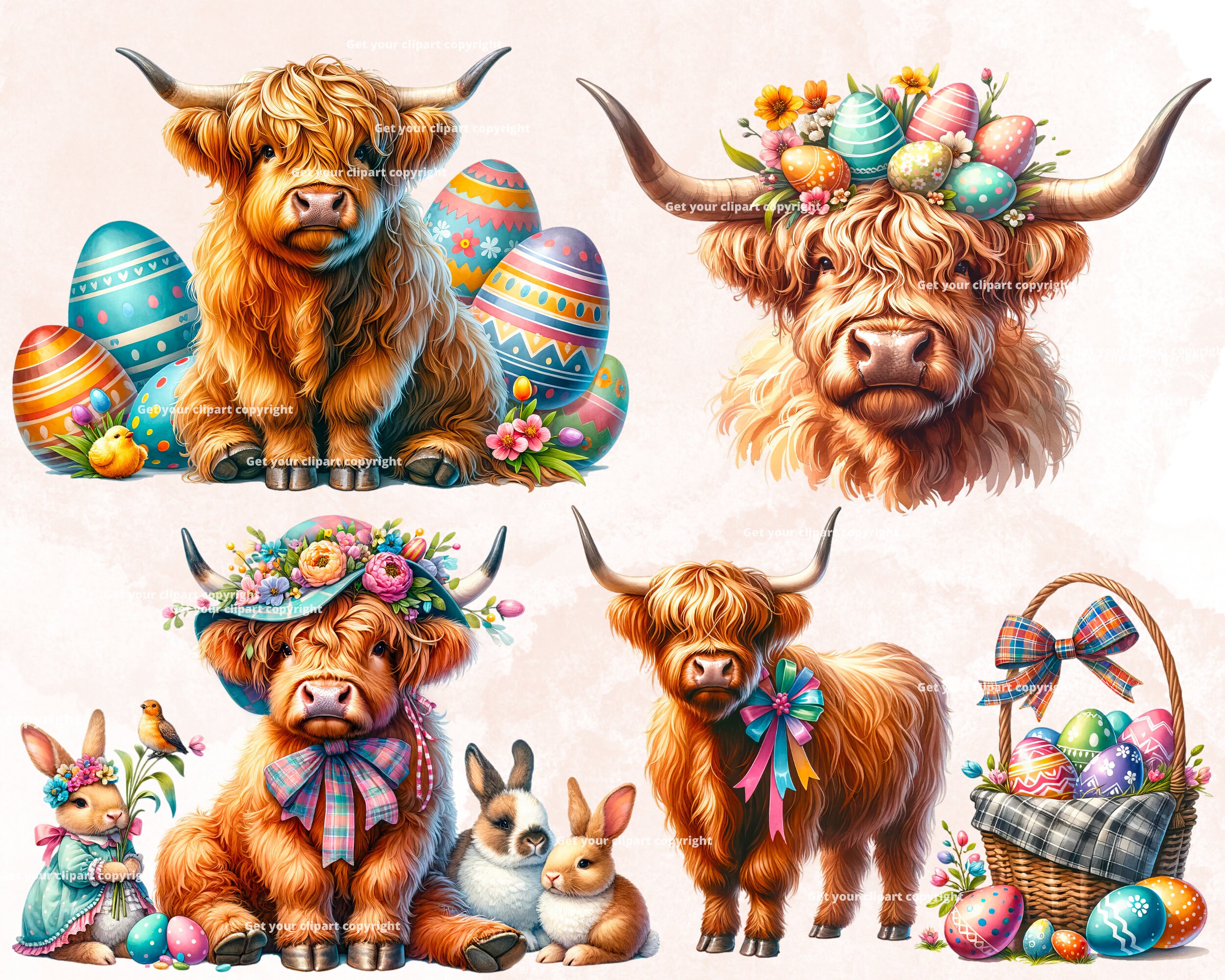 Easter Highland Cow Clipart Bundle, Scottish Highland Cow, Set of 12 ...