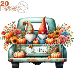 Images de camion d'automne et de gnomes, Images PNG d'automne pour vos projets créatifs ou professionnels, usage commercial inclus