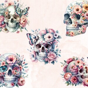 May include: Five watercolor illustrations of human skulls adorned with pink, white, and blue flowers. Each skull is surrounded by a variety of flowers, including roses, daisies, and butterflies.