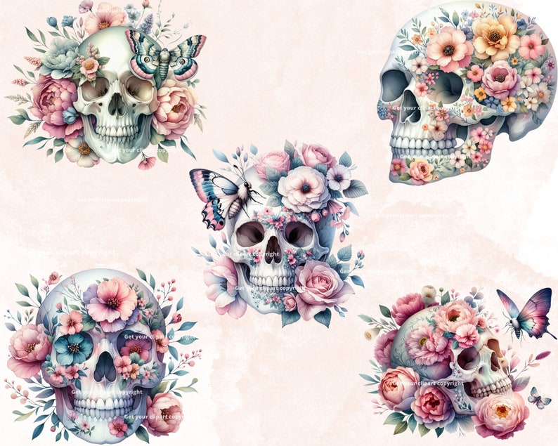 May include: Five watercolor illustrations of human skulls adorned with pink, white, and blue flowers. Each skull is surrounded by a variety of flowers, including roses, daisies, and butterflies.
