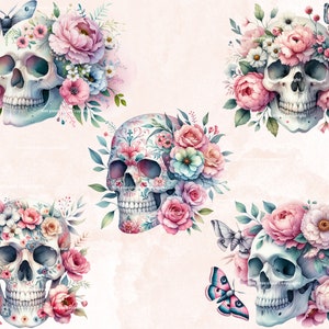 May include: Five watercolor illustrations of sugar skulls decorated with pink, white, and blue flowers. Each skull is surrounded by butterflies and floral arrangements.