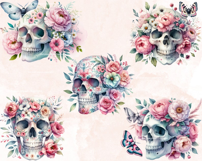 May include: Five watercolor illustrations of sugar skulls decorated with pink, white, and blue flowers. Each skull is surrounded by butterflies and floral arrangements.