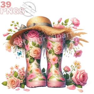 Ensemble d'illustrations de bottes de jardin avec des fleurs, cliparts de printemps pour tous vos projets créatifs, usage commercial inclus