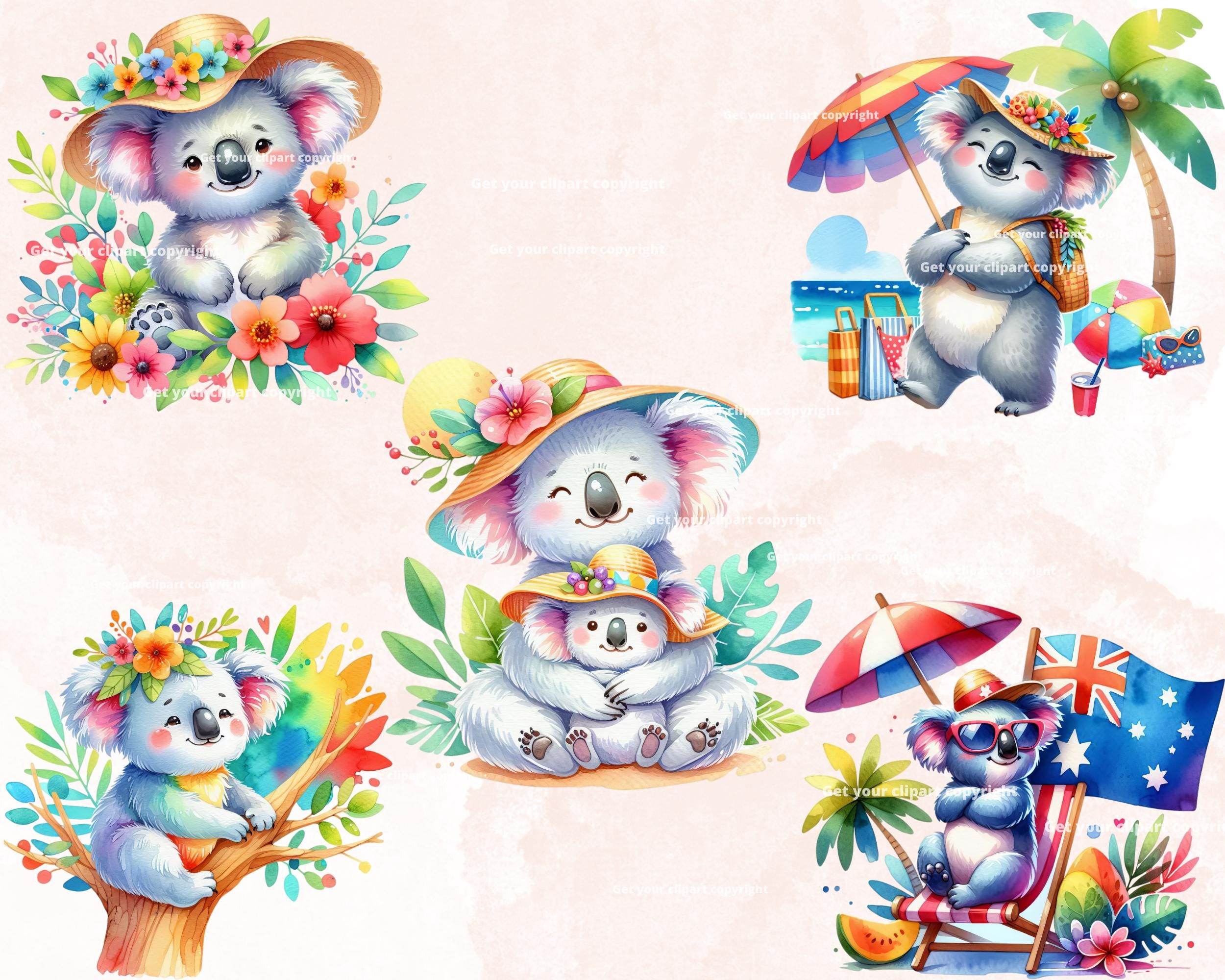 Summer Koala Clipart Bundle, Australia Graphics, Watercolor Koala Clip ...