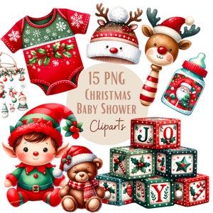 Ensemble d'illustrations de baby shower de Noël, Cliparts façon aquarelle pour tous vos projets créatifs