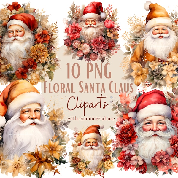 Floral Santa Claus clipart bundle, Santa Claus png bundle, Santa Clipart set, Retro Santa png graphics, Commercial Use, Set of 10