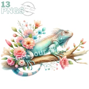 Ensemble d'illustrations d'iguanes et de fleurs, Cliparts d'iguanes façon aquarelle pour tous vos projets créatifs et professionnels
