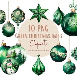 Ensemble d'illustrations de boule noël vertes, Cliparts de noël façon aquarelle pour tous vos projets créatifs et professionnels