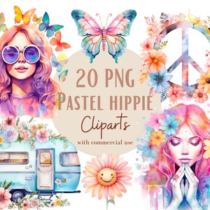 Conjunto de ilustraciones hippies, imágenes prediseñadas hippies estilo acuarela para todos tus proyectos creativos y profesionales