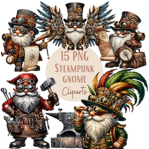 Puede incluir: Un conjunto de 15 im&aacute;genes de clipart digital que representan gnomos steampunk. Los gnomos se representan en varias poses y llevan diferentes accesorios steampunk, como gafas, engranajes y sombreros. Las im&aacute;genes est&aacute;n en formato PNG y son perfectas para manualidades, scrapbooking y otros proyectos creativos.