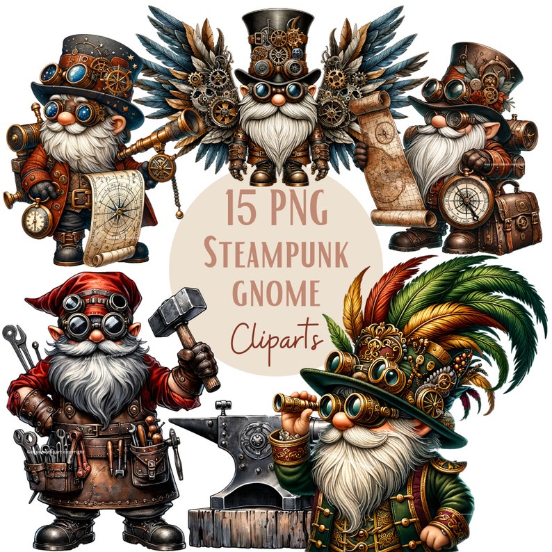 Puede incluir: Un conjunto de 15 im&aacute;genes de clipart digital que representan gnomos steampunk. Los gnomos se representan en varias poses y llevan diferentes accesorios steampunk, como gafas, engranajes y sombreros. Las im&aacute;genes est&aacute;n en formato PNG y son perfectas para manualidades, scrapbooking y otros proyectos creativos.