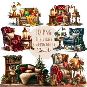 Ensemble d'illustrations de coins cosy de Noël, Cliparts de noël façon aquarelle pour tous vos projets créatifs et professionnels