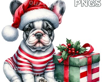 Christmas French bulldog png graphics, Watercolor dog clipart, Set of 10, Transparent background, Commercial use, Instant download