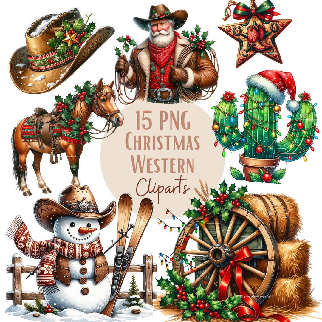 Christmas Western Clipart Bundle, Christmas Png Bundle, Set of 15