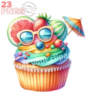 Ensemble d'illustrations de cupcakes d'été, Cliparts de cupcakes d'été façon aquarelle pour tous vos projets créatifs
