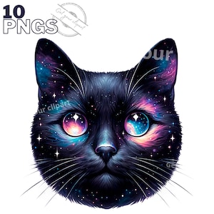 May include: A black cat with a galaxy pattern on its fur and glowing blue and pink eyes. The cat's fur is detailed with stars and nebulae.
