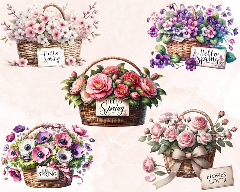 K&ouml;nnte beinhalten: F&uuml;nf Weidenk&ouml;rbe gef&uuml;llt mit Fr&uuml;hlingsblumen. Die K&ouml;rbe sind mit B&auml;ndern verziert und tragen Schilder mit der Aufschrift "Hello Spring" und "Flower Lover". Die Blumen umfassen rosa Kirschbl&uuml;ten, rosa Kamelien, violette Stiefm&uuml;tterchen, wei&szlig;e Anemonen und rosa Rosen.