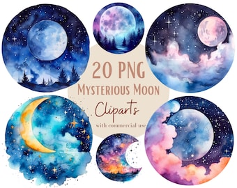 Ensemble d'illustrations de lunes et de ciels étoilés, cliparts pour tous vos projets créatifs et professionnels, usage commercial inclus