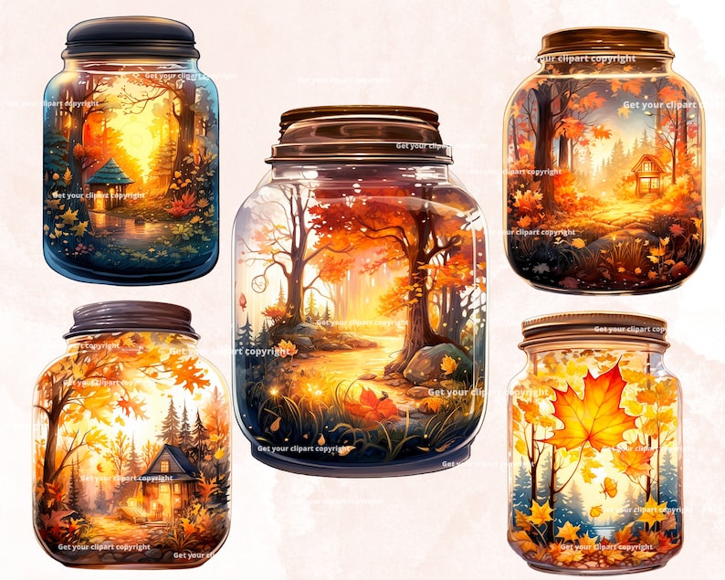 May include: Six glass jars with metal lids, each displaying a miniature autumn landscape. The scenes depict trees with orange and yellow leaves, cottages, and forest paths, all bathed in a warm, golden light. The clear jars highlight the vibrant artwork within, creating a seasonal display.