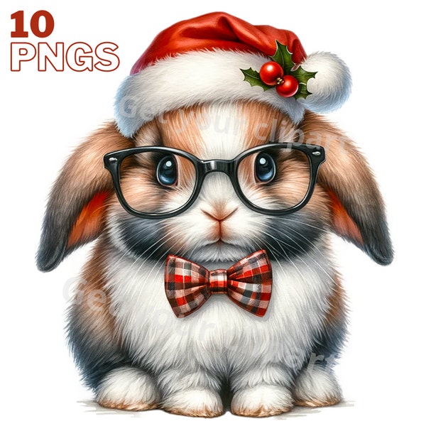 Christmas bunny clipart bundle, Cute rabbit, Set of 10, Transparent background, Commercial use, Instant download