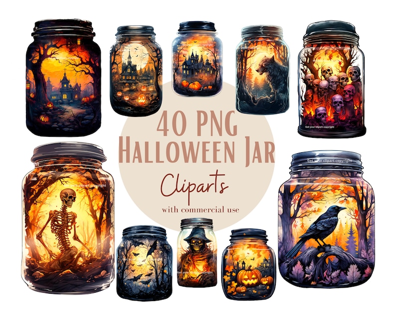 May include: 40 PNG Halloween Jar Clipart with commercial use.  A set of 10 Halloween themed illustrations of glass jars with various spooky scenes inside.  The jars are decorated with autumn leaves, bats, skeletons, and other Halloween imagery.