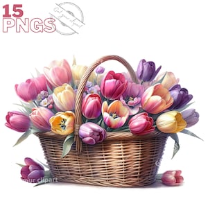 K&ouml;nnte beinhalten: Ein Weidenkorb, der &uuml;berquillt mit einem bunten Strau&szlig; Tulpen in Rosat&ouml;nen, Lila, Gelb und Wei&szlig;. Der Korb ist mit den Blumen gef&uuml;llt und hat ein rustikales, nat&uuml;rliches Aussehen.