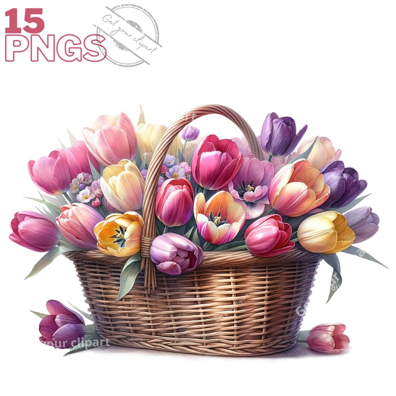 K&ouml;nnte beinhalten: Ein Weidenkorb, der &uuml;berquillt mit einem bunten Strau&szlig; Tulpen in Rosat&ouml;nen, Lila, Gelb und Wei&szlig;. Der Korb ist mit den Blumen gef&uuml;llt und hat ein rustikales, nat&uuml;rliches Aussehen.