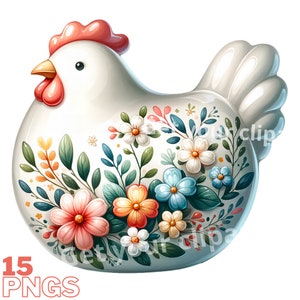 Ensemble d'illustrations de poules de Pâques en céramique pour tous vos projets créatifs et professionnels, usage commercial inclus