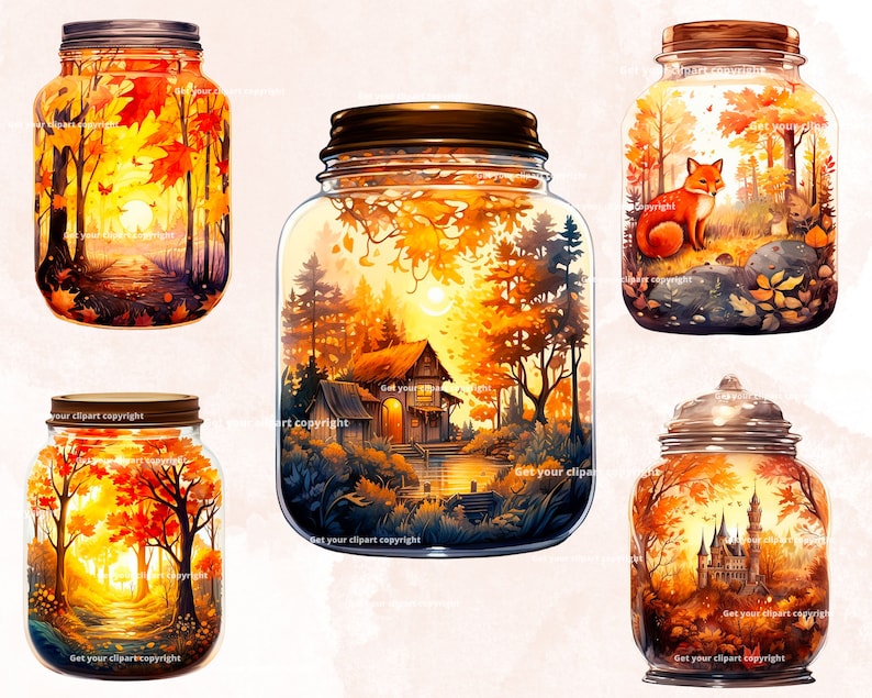 May include: Several glass jars with lids, each showcasing a watercolour illustration of an autumnal scene. The scenes feature forests, a cabin, a fox, and a castle, all in warm orange and yellow tones. The jars are set against a light backdrop.