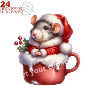 Ensemble d'illustrations de rats de Noël mignons avec une peluche, Cliparts de rongeur façon aquarelle pour tous vos projets créatifs
