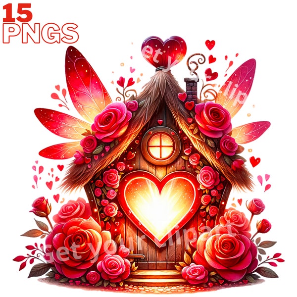 Valentines Fairy house Clipart bundle, Fantasy clipart bundle, Valentines designs, Valentines printable, With Transparent background