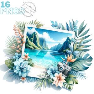 Set di clipart di paesaggi tropicali, immagini di foto istantanee per i tuoi progetti creativi, uso commerciale incluso