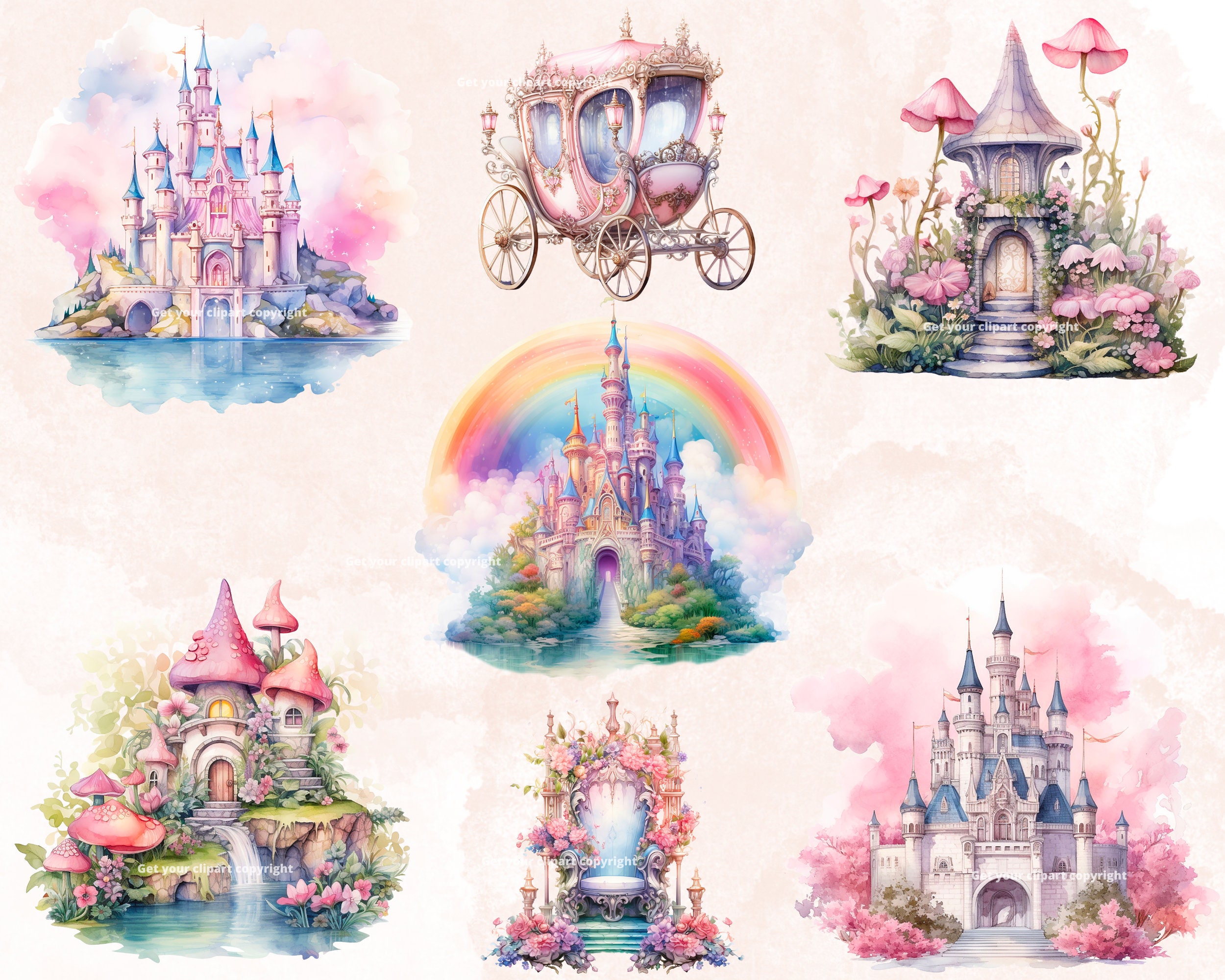 Fairytale Pastel Clipart Bundle, Magic Kingdom PNG Graphics ...