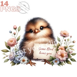 Ensemble d'illustrations d'oiseaux "Some bird loves you", Clipart d'oiseaux façon aquarelle pour tous vos projets créatifs et professionnels