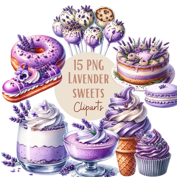 Lavender sweets clipart bundle, Baking clipart, Donut clipart, Donut png files, cake clipart, watercolor clipart