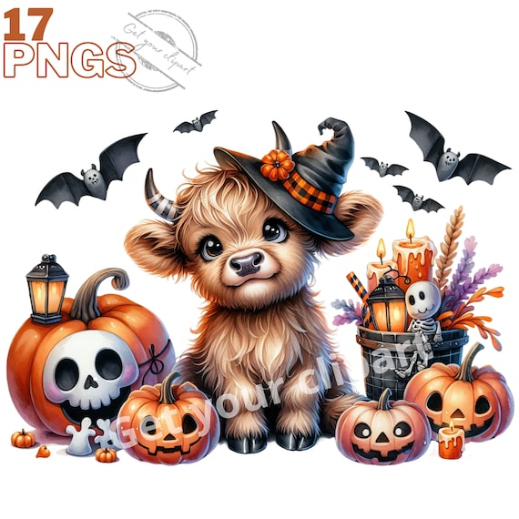 Ensemble d'illustrations de bébé vache d'Halloween, clipart de vache écossaise pour tous vos projets créatifs, usage commercial inclus