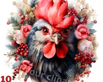 Chicken png files, watercolor chicken clipart, watercolor rooster clipart, hen clipart, Christmas png bundle