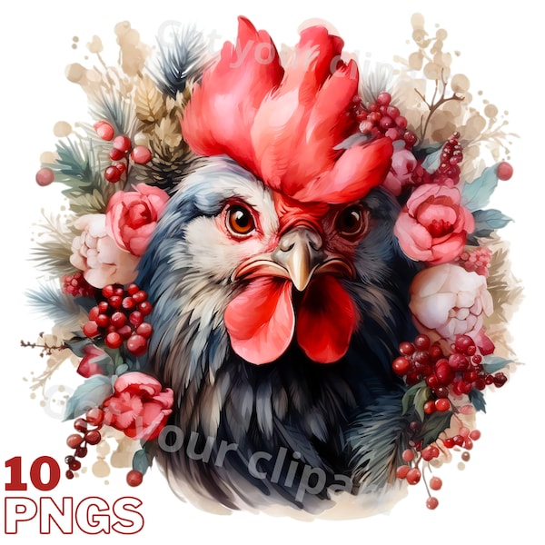 Chicken png files, watercolor chicken clipart, watercolor rooster clipart, hen clipart, Christmas png bundle