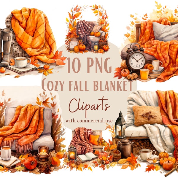 Cozy fall blanket clipart bundle, Hello fall png designs, Set of 10, Transparent background, Commercial use, Instant download