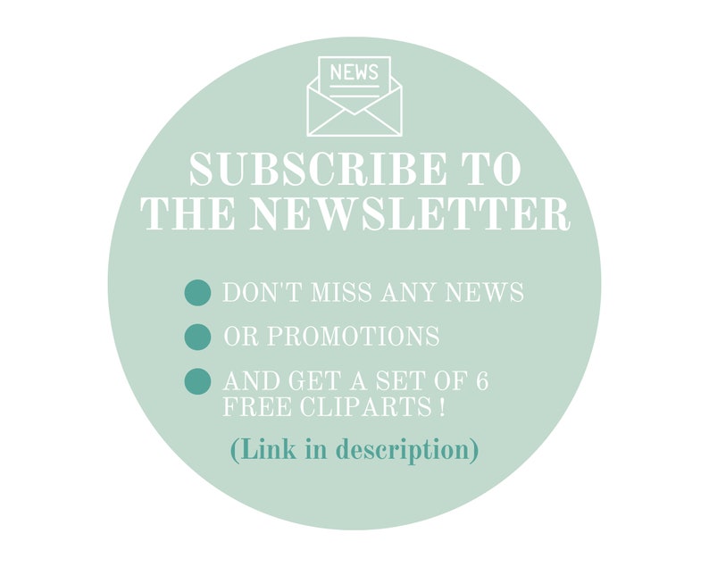 Może przedstawiać: Jasnozielona grafika kołowa z tekstem "SUBSCRIBE TO THE NEWSLETTER". Grafika zawiera r&oacute;wnież tekst "DON'T MISS ANY NEWS OR PROMOTIONS AND GET A SET OF 6 FREE CLIPARTS!" oraz ikonę koperty.
