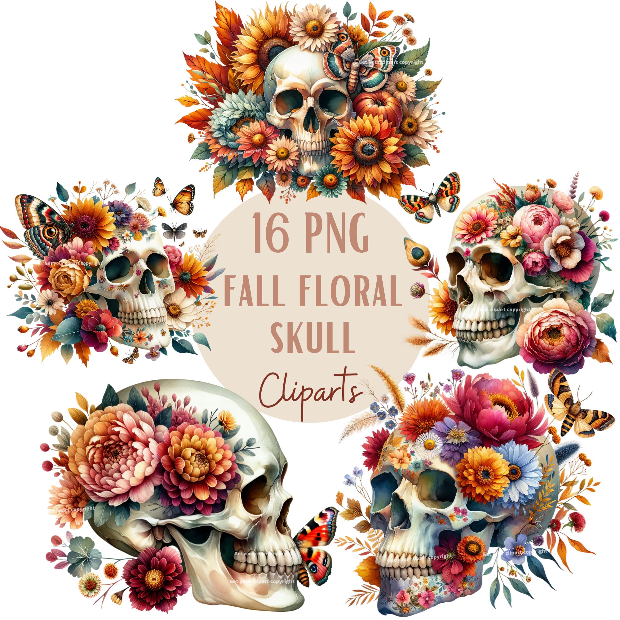 Fall Floral Skull Clipart Bundle, Skull Png Designs, Fall Clipart ...