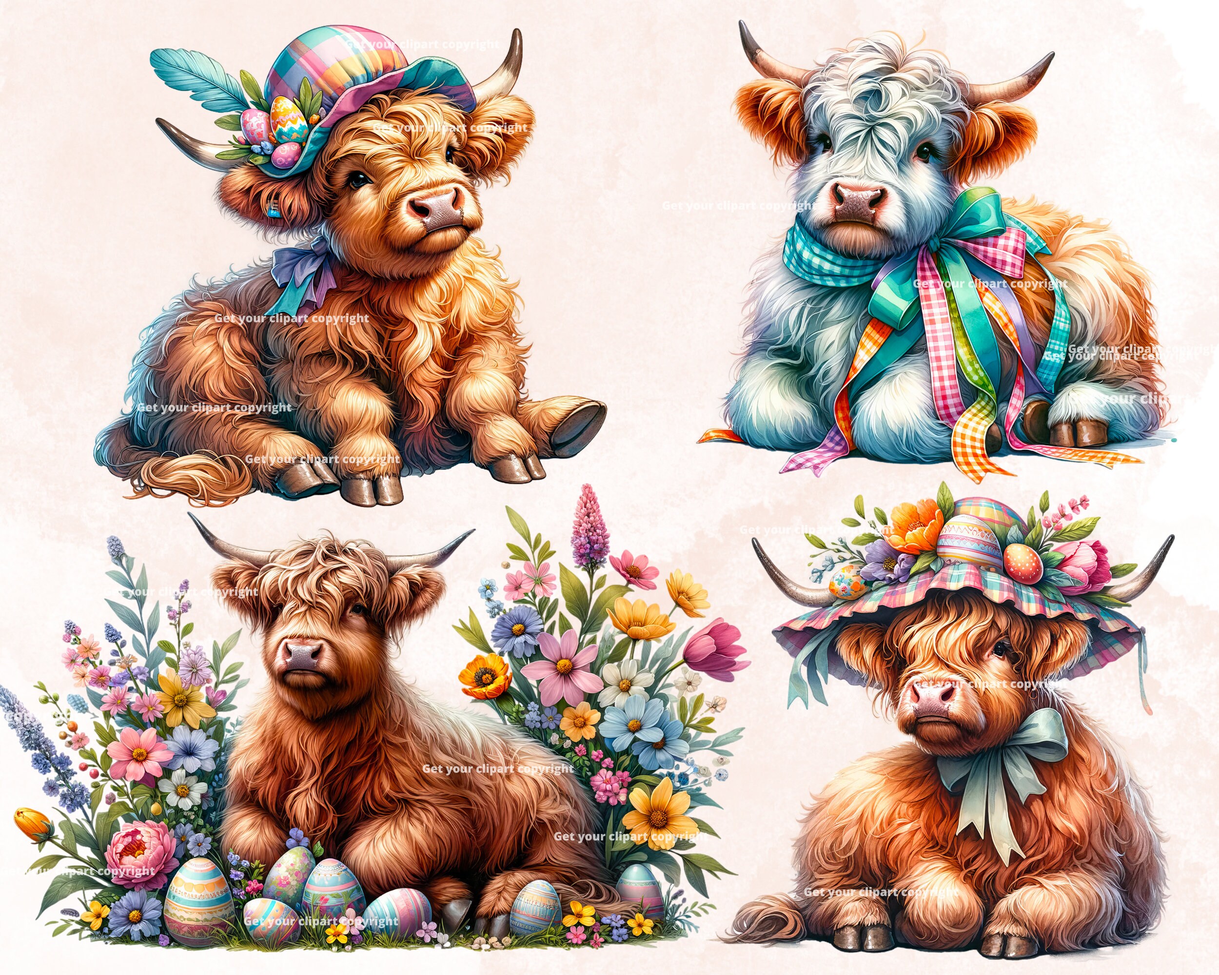 Easter Highland Cow Clipart Bundle, Scottish Highland Cow, Set of 12 ...
