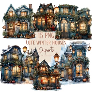 Ensemble d'illustrations de maisons d'hiver, Cliparts de maisons façon aquarelle pour tous vos projets créatifs et professionnels