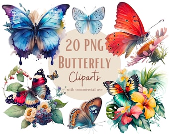 May include: 20 PNG Butterfly Clipart with commercial use. Watercolor illustrations of butterflies in various colors and poses, including blue, red, and green butterflies with floral accents.
