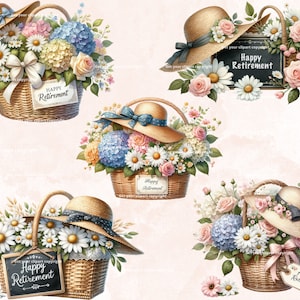 May include: Four wicker baskets filled with colorful flowers and topped with straw hats. Each basket has a sign that says "Happy Retirement".